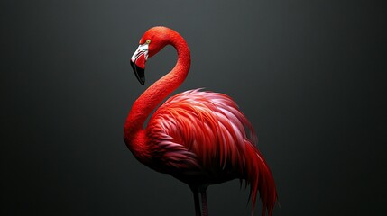 Obraz premium A vibrant red flamingo is standing gracefully against a dark backdrop