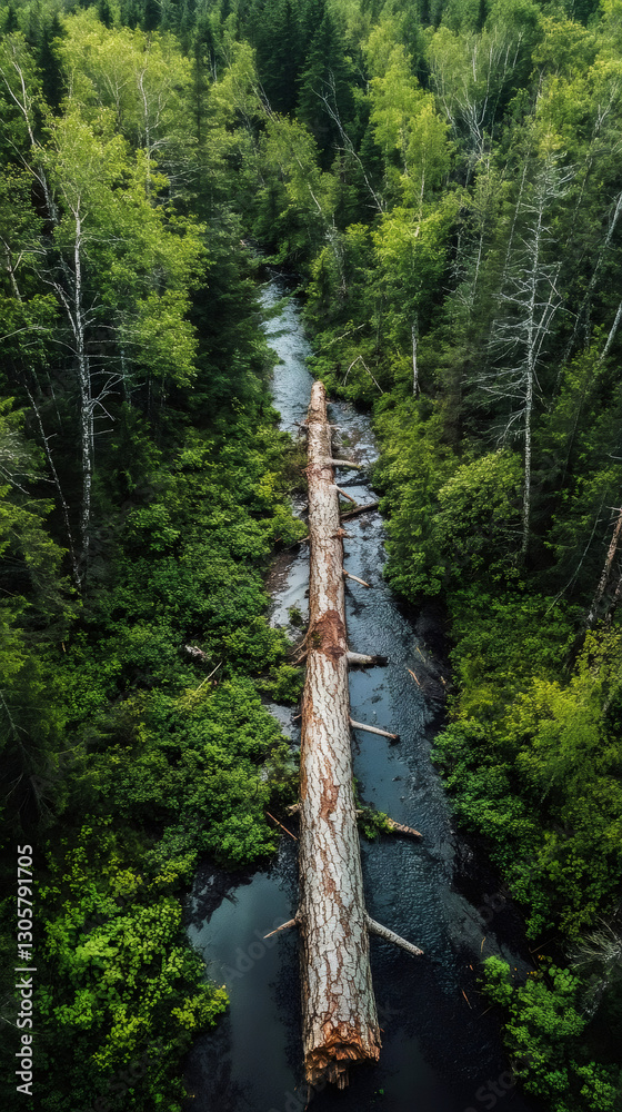 Poster massive fallen tree blocking river flow amid lush forest greenery, creating natural obstruction from