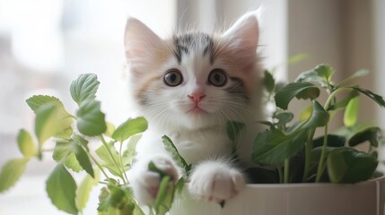 Playful kitten hiding behind plant, bright natural light, rich green and white tones, and charming curious mood, eye-level shot.
