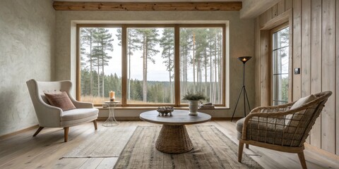 Fototapeta premium Nordic Fashion Photography: Light Clay Walls, Oak Floors, Pine Forest View