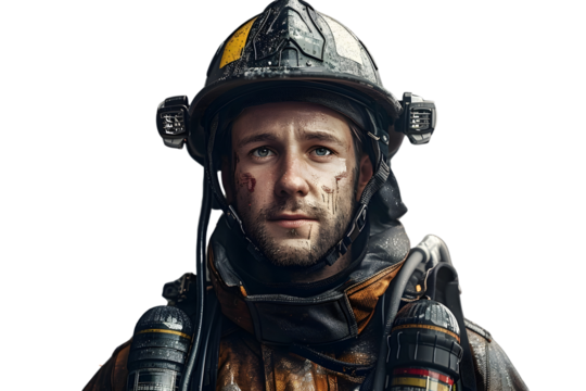 Firefighter in protective gear standing in a crisis situation and ready for rescue and emergency