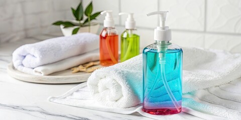 Panoramic Photo: Hand Sanitizer, White Background, Hygiene, Germ Protection, Cleanliness