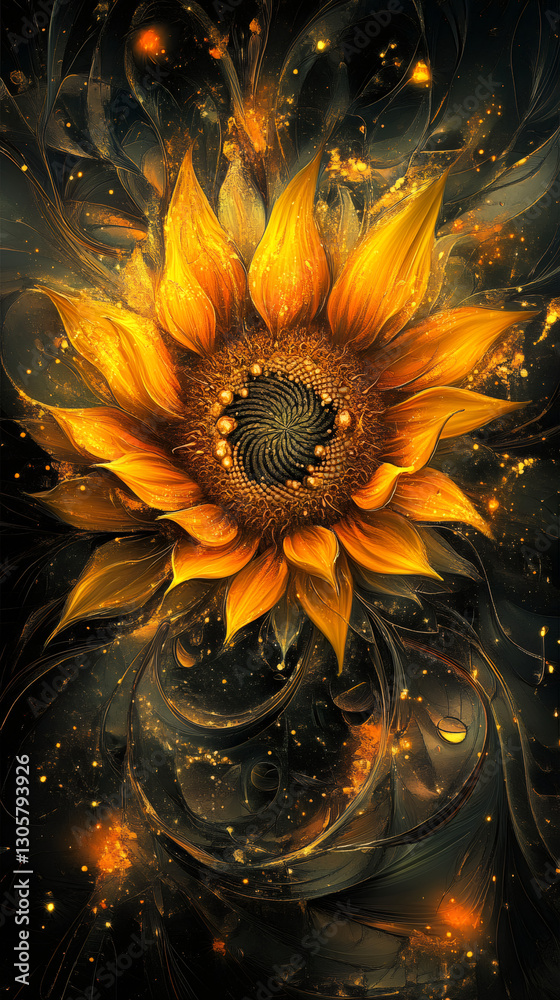 Poster golden sunflower with spiral pattern blooming in a magical dark space with golden particles and glow