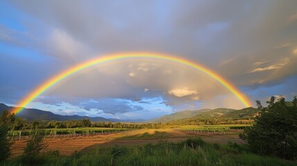 Fototapeta premium Rainbow forming over vineyard at sunset, warm golden light, deep green and earthy hues, and relaxed rural landscape, side angle shot.