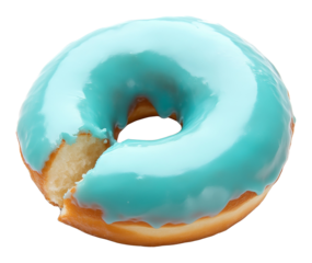 Blue glazed donut with bite missing on transparent background. Sweet treat concept