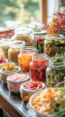 Festive home dining table with preserved foods and flowers for celebrations
