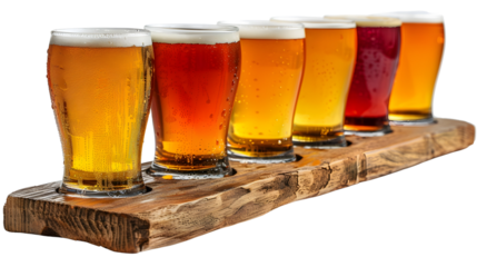 Assortment of Craft Beers Served on a Rustic Wooden Tray for Enjoyment and