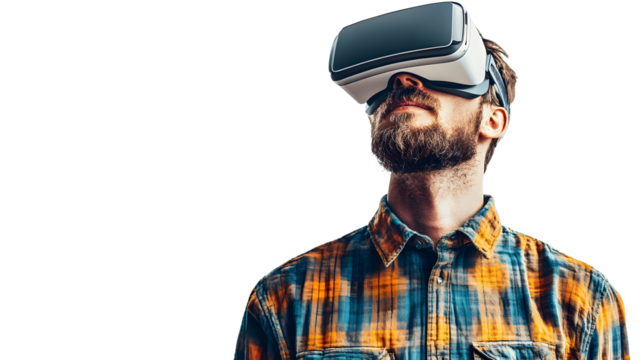 Bearded Man Wearing Virtual Reality Headset Exploring Immersive Digital Experiences