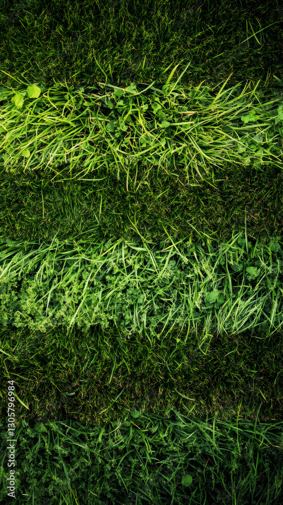 Poster verdant grass stripes forming geometric pattern, revealing precise lawn mowing technique with clean 