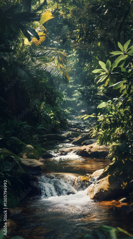 Poster pristine stream cascading over mossy stones, creating serene waterfall surrounded by verdant tropica