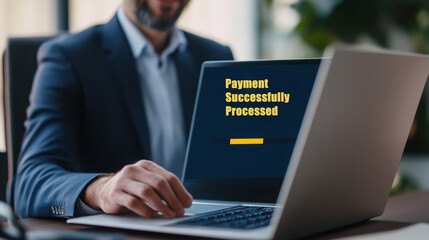 Digital transaction confirmation displayed on laptop screen for business and finance concept