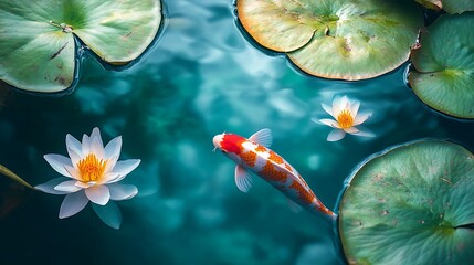 Koi Swimming Pond. Water Lilies Bloom