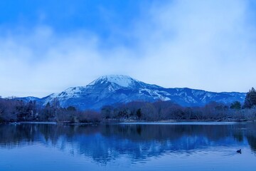 青空バックに見る伊吹山と三島池の雪景色