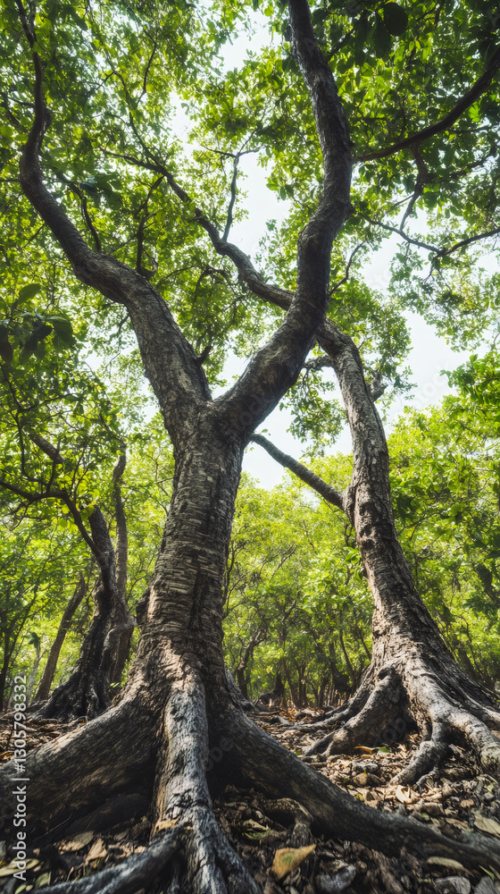 Poster Low angle view capturing large trees with exposed roots thriving in a vibrant green forest, illuminated by daylight and surrounded by nature