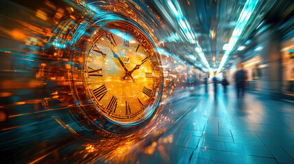 Abstract time. A clock is merging with a speeding corridor, blending the concept of time with movement and the rush of modern life.
