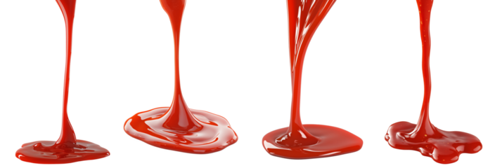 Flowing Red Sauce Droplets Dripping onto Surface - Ketchup or Tomato Sauce on Transparent Background