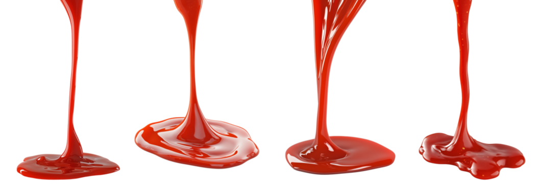 Flowing Red Sauce Droplets Dripping onto Surface - Ketchup or Tomato Sauce on Transparent Background