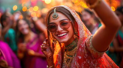 A joyful Indian bride in a red bridal outfit and sunglasses dances at her wedding. Surrounded by vibrant colors and festive lights, she radiates happiness and celebration.