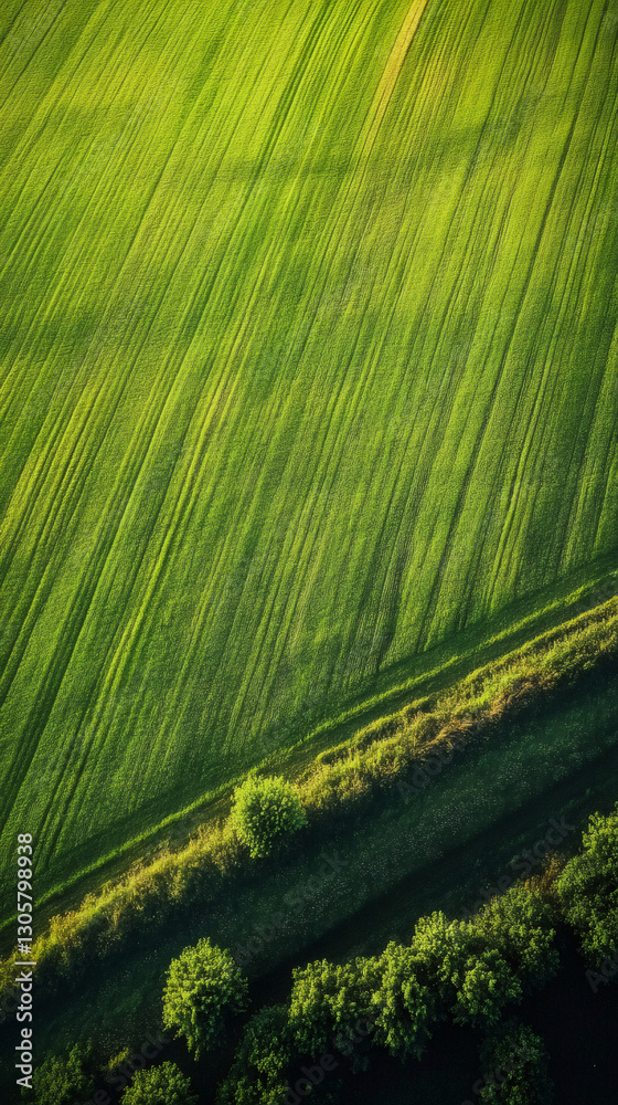 Poster lush green cultivated field meets a tree line creating a striking contrast in an aerial view