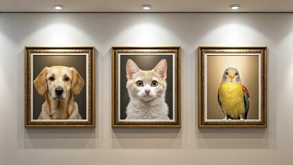 Obraz na płótnie Canvas Custom pet portraits framed elegantly on a wall, showcasing the unique personalities of different pets.