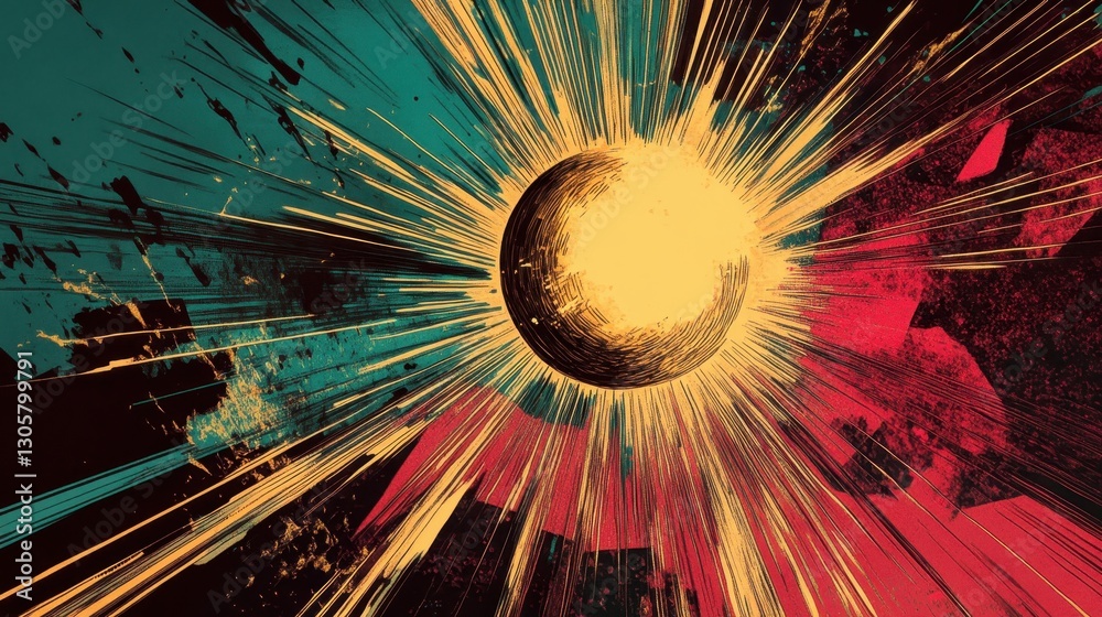 Sticker sci-fi pulp comic backdrop with luminescent orb and dramatic color scheme
