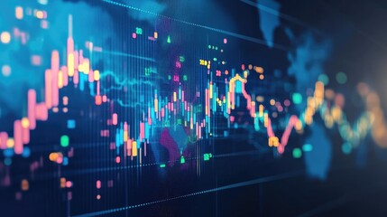 Abstract global economy visualization with floating data, a digital chart, and an ascending growth trend.