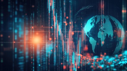 Obraz premium AI-driven finance concept with a glowing world globe, stock data, and a pile of digital coins.