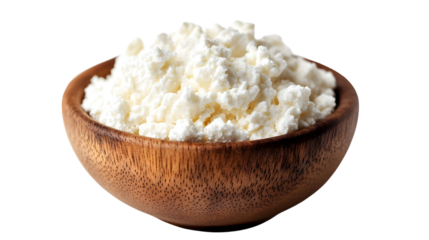 Closeup Shot of Fresh Cottage Cheese in Wooden Bowl