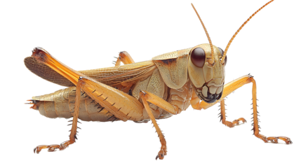 Closeup photograph of a colorful green and brown grasshopper insect with detailed anatomical