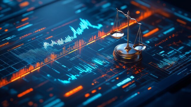 A high-tech visualization of justice and AI, featuring the Scales of Justice integrated with a futuristic digital dashboard of fluctuating market graphs and legal 