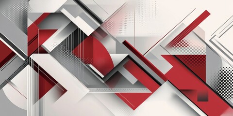 Modern abstract composition featuring red, white, and gray geometric shapes creating a dynamic visual impact