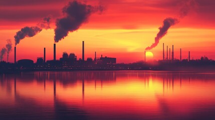 A clean industrial future with net-zero carbon factories, sustainable energy, and reduced emissions in a futuristic cityscape.