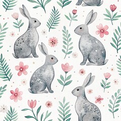 Easter Seamless Pattern with Rabbits and Floral Elements Spring Vibes Digital Art Whimsical Design Nature Inspired
