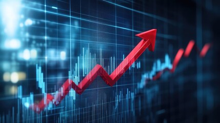 Business intelligence and financial growth represented by a futuristic histogram and a rising red arrow.