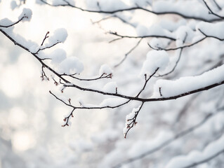 Serene Winter Wonderland: Snow-Covered Branches and Tranquil Landscape. Perfect for holiday cards,  