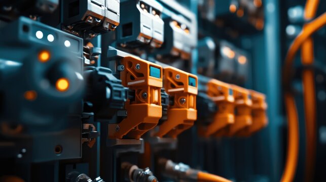 Close-up of surge protection devices installed in an electrical distribution panel.