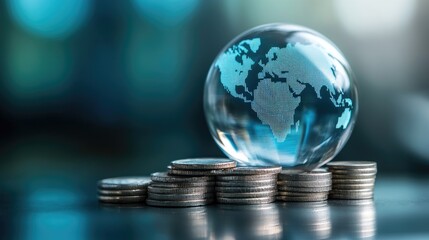 Conceptual digital banking image with online transactions, stacked coins, and a high-tech world globe.
