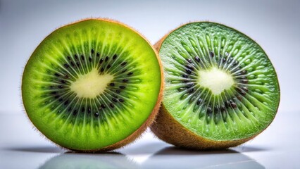 Fototapeta premium Vibrant Kiwi Slices on White Gradient Background - Fresh Fruit Photography