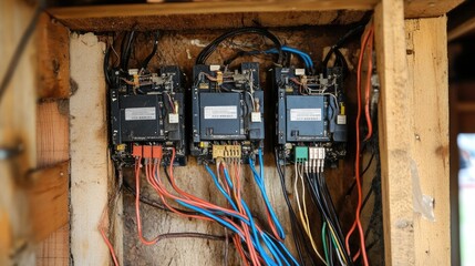 Construction site electrical installation featuring exposed wiring and temporary power connections.