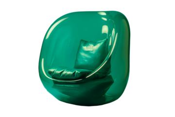 Futuristic green transparent bubble chair with plush cushion and modern aesthetic design, png