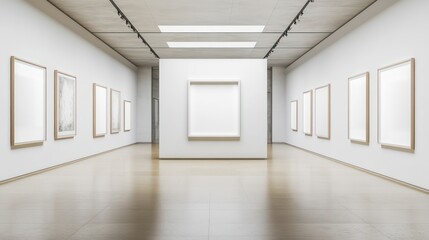 An Art Gallery Interior Displaying Empty Frames Along Walls and Hallway
