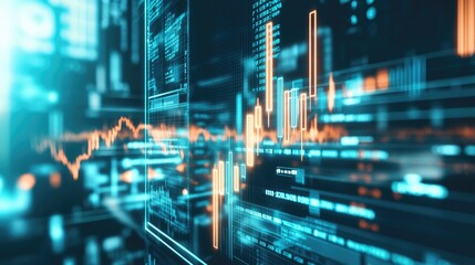 Corporate finance concept featuring stock market arrows, a futuristic economy dashboard, and success trends.