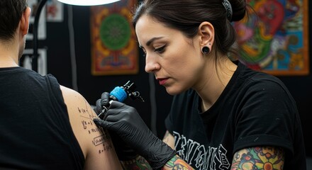Tattoo Artist Applying Math Tattoo Detail Shot Studio