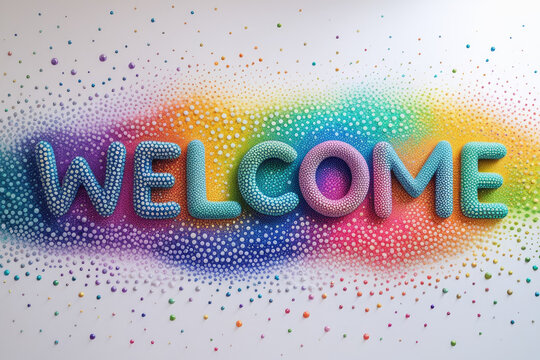 Colorful rainbow balls in different sizes forming text "Welcome". Abstract composition with multicolored flying spheres. Colorful abstract background. AI generated