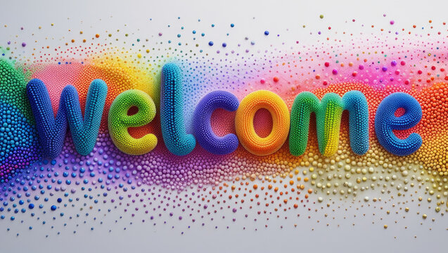 Colorful rainbow balls in different sizes forming text "Welcome". Abstract composition with multicolored flying spheres. Colorful abstract background. AI generated - Powered by Adobe