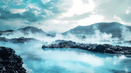 Iceland blue lagoon geothermal spa surreal photography, grindavik, reykjanes. lava lagoon. illustration. Surreal - Desert. Illustration