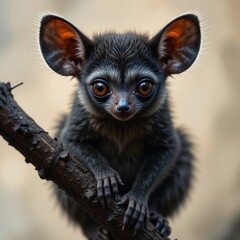 Obraz premium Adorable Baby Mouse Lemur on Branch Large Eyes Close Up Portrait