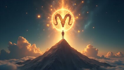 Create a dynamic and intense image where the Aries symbol (ram) is charging across a glowing sky bridge made of molten lava, suspended between two volcanic peaks. Astrological symbols flicker in the a