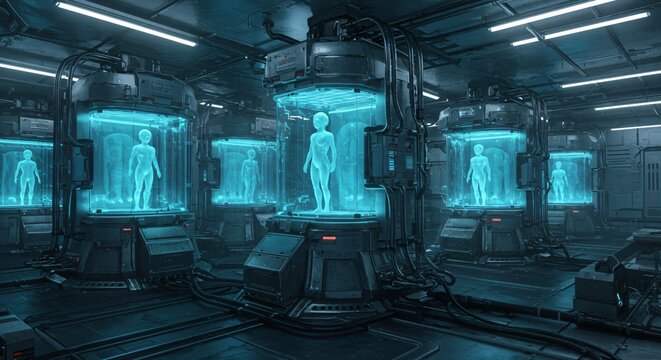 Futuristic sci-fi laboratory with alien cloning pods. Extraterrestrial research facility. Glowing blue tubes containing humanoid figures. Advanced technology in dark, high-tech environment.