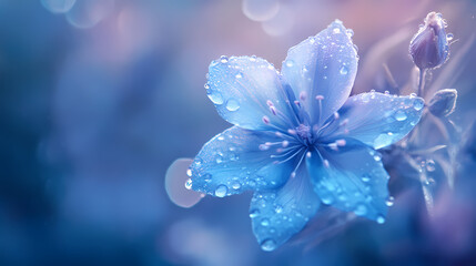 Surreal closeup of an ethereal blue flower with gossamer petals dreamy bokeh background with soft focus dewdrops creating an otherworldly botanical fantasy. Surreal - Desert. Illustration